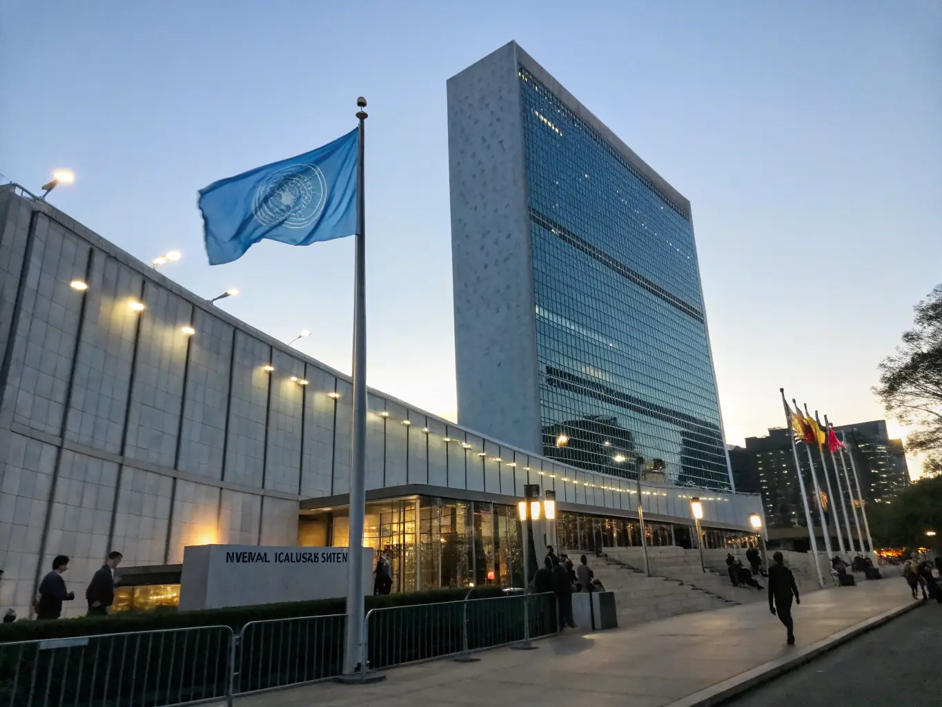 A high-angle shot of the United Nations headquarters in New York City, symbolizing international relations and global governance.